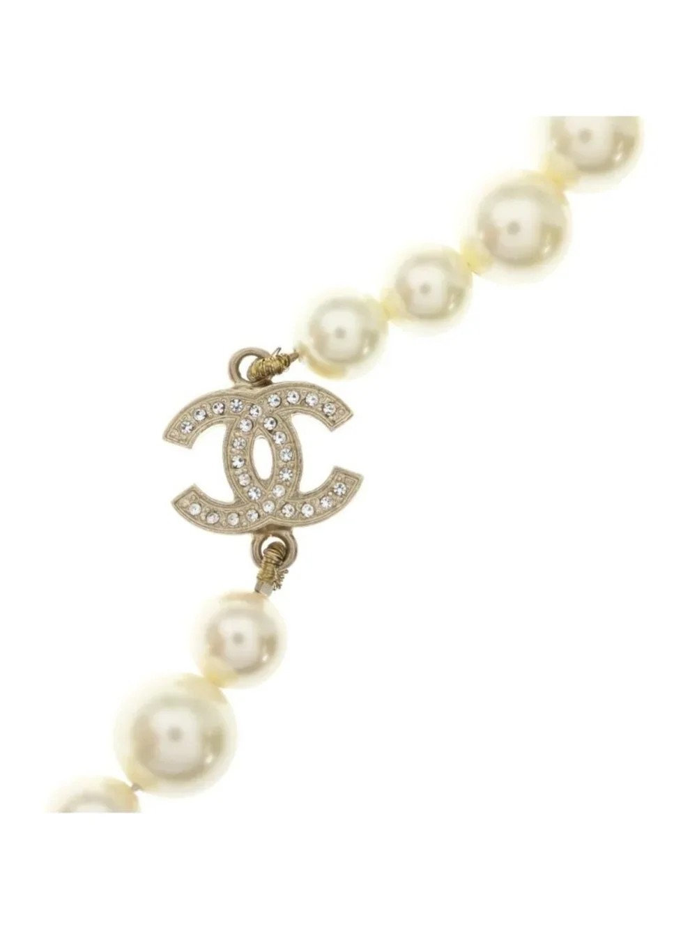Chanel CC Logo Rhinestone Faux Pearl Long Necklace White Gold